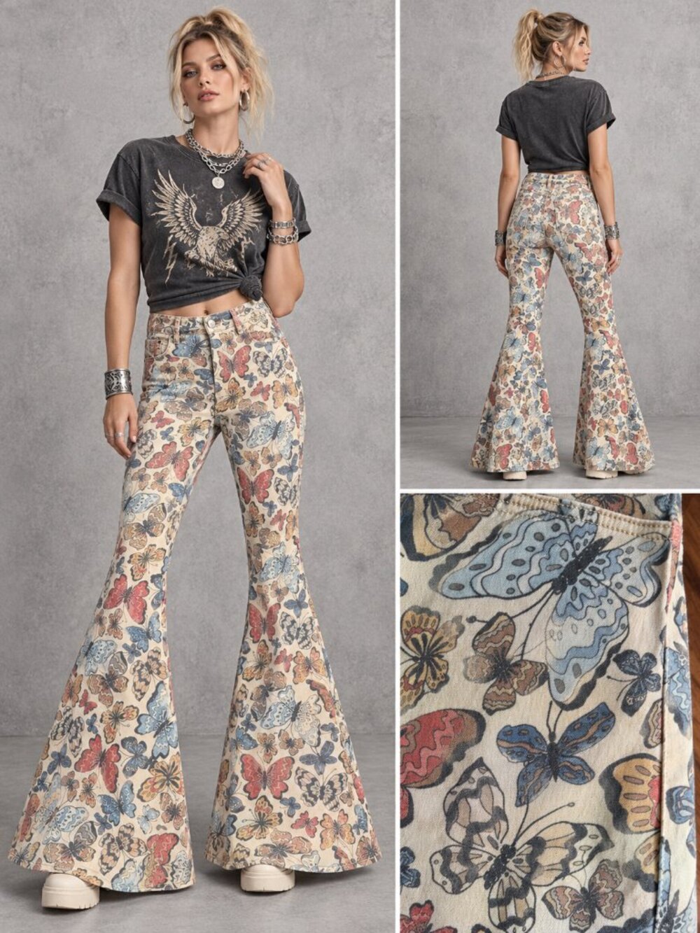 Free People We The Free Multicolor Butterfly Print Bell Flare Jeans 27